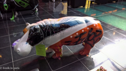 An artistic hippo seen in the lobby of the hotel.